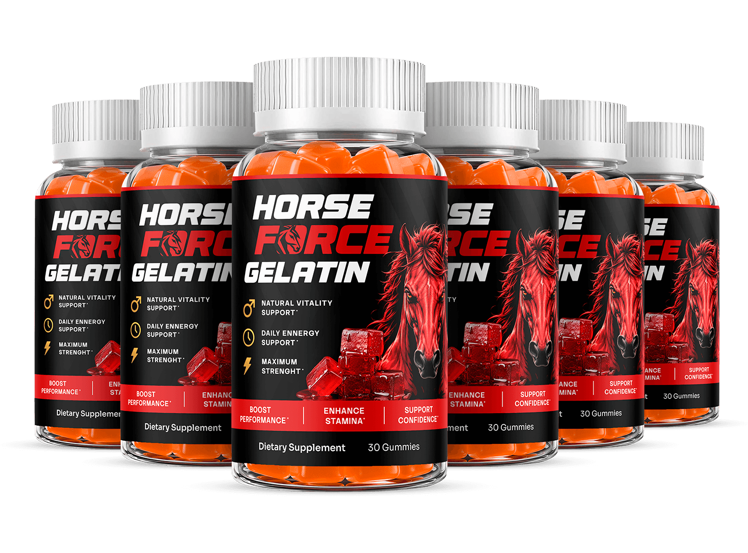 Six jars of Horse Force Gelatin