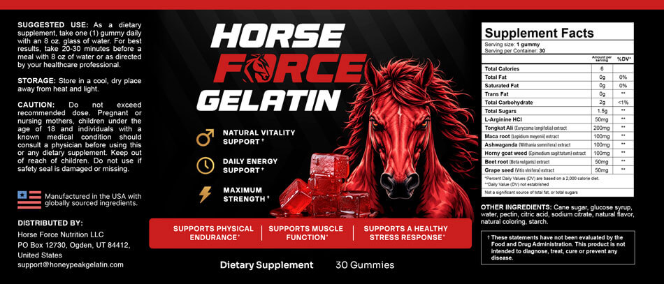 Horse Force Gelatin label showing suggested use, storage, caution and the facts panel with every ingredient amount